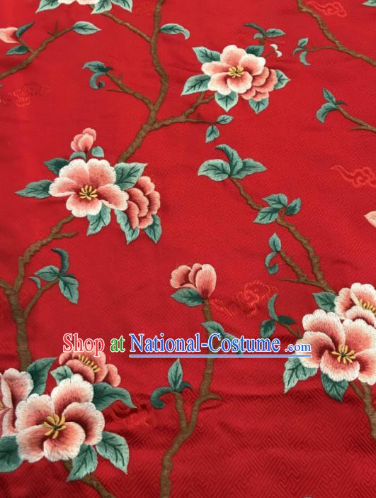 Asian Chinese Suzhou Embroidered Peach Blossom Pattern Red Silk Fabric Material Traditional Cheongsam Brocade Fabric