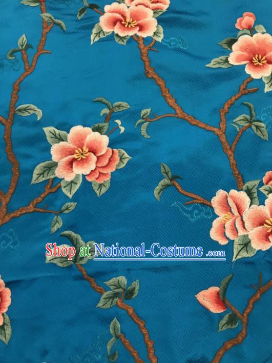 Asian Chinese Suzhou Embroidered Peach Blossom Pattern Blue Silk Fabric Material Traditional Cheongsam Brocade Fabric