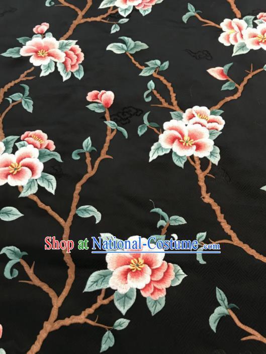 Asian Chinese Suzhou Embroidered Peach Blossom Pattern Black Silk Fabric Material Traditional Cheongsam Brocade Fabric