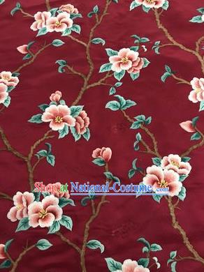 Asian Chinese Suzhou Embroidered Peach Blossom Pattern Purplish Red Silk Fabric Material Traditional Cheongsam Brocade Fabric