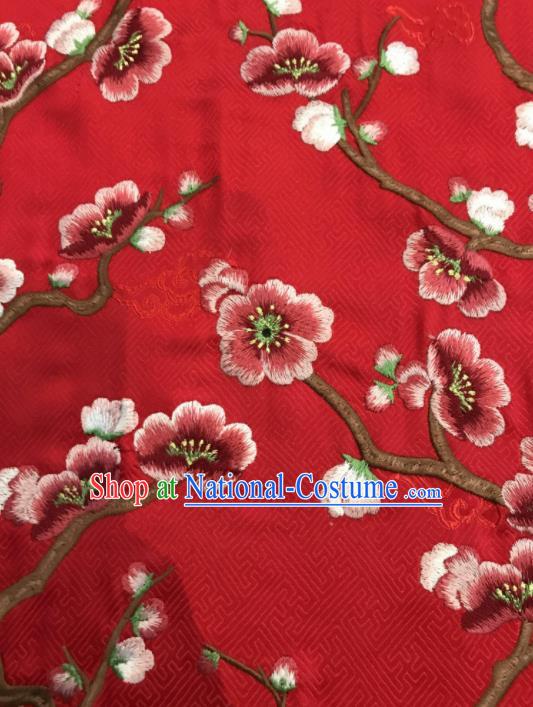 Asian Chinese Suzhou Embroidered Wintersweet Pattern Red Silk Fabric Material Traditional Cheongsam Brocade Fabric