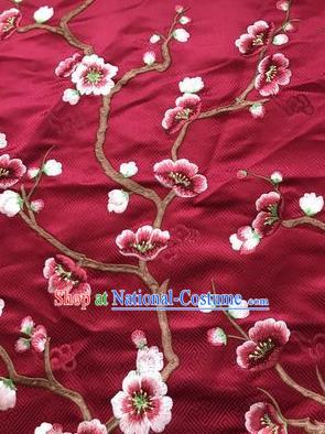 Asian Chinese Suzhou Embroidered Wintersweet Pattern Wine Red Silk Fabric Material Traditional Cheongsam Brocade Fabric