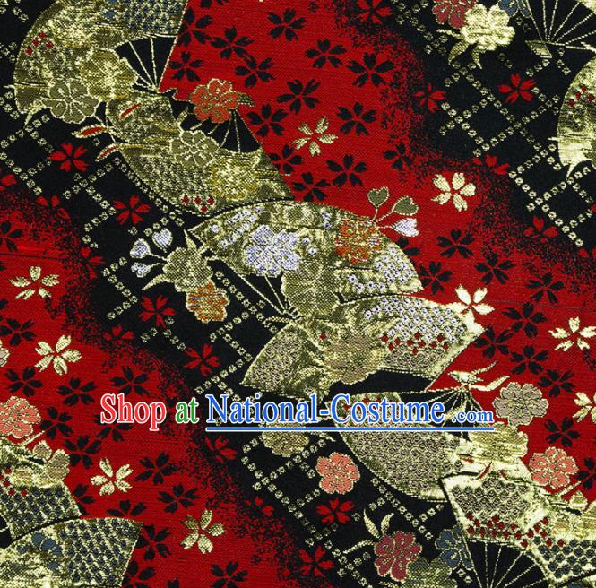 Asian Chinese Royal Fan Pattern Red Brocade Fabric Traditional Silk Fabric Kimono Material