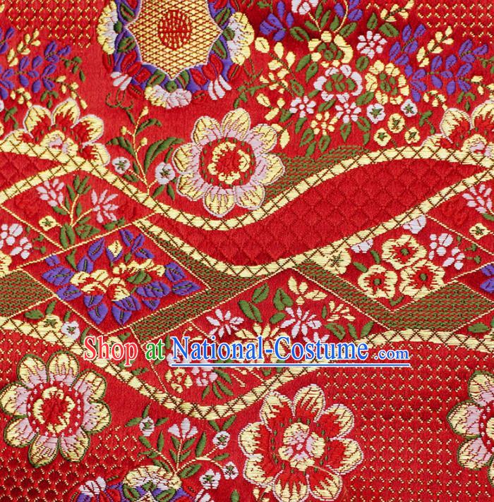 Asian Chinese Royal Flowers Pattern Red Brocade Fabric Traditional Silk Fabric Kimono Material