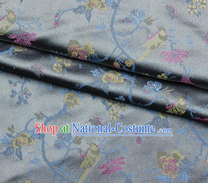 Asian Chinese Royal Flowers Birds Pattern Grey Brocade Fabric Traditional Silk Fabric Kimono Material