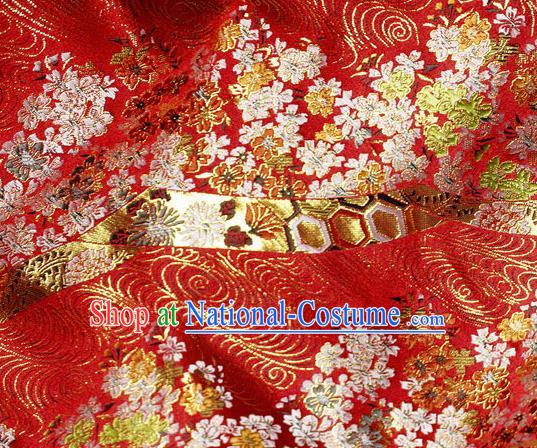 Asian Chinese Royal Cherry Blossom Pattern Red Brocade Fabric Traditional Silk Fabric Kimono Material