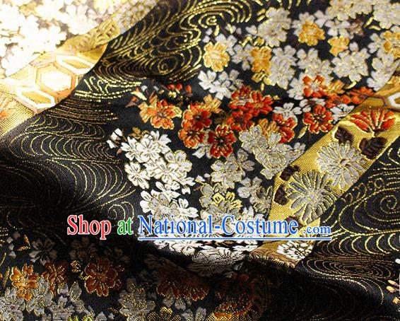 Asian Chinese Royal Cherry Blossom Pattern Black Brocade Fabric Traditional Silk Fabric Kimono Material