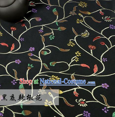 Asian Chinese Royal Pepper Flowers Pattern Black Brocade Fabric Traditional Silk Fabric Tang Suit Material