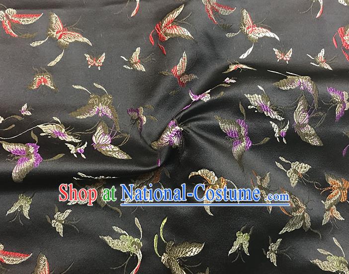 Asian Chinese Royal Embroidery Butterfly Pattern Black Brocade Fabric Traditional Silk Fabric Kimono Material