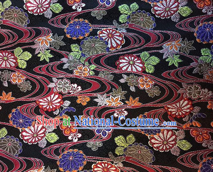 Asian Chinese Royal Round Flowers Pattern Black Brocade Fabric Traditional Silk Fabric Kimono Material