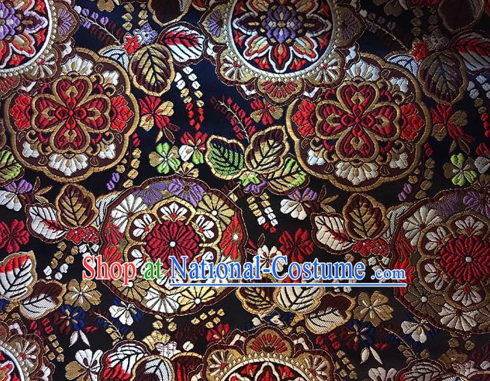 Asian Chinese Royal Flowers Pattern Black Brocade Fabric Traditional Silk Fabric Kimono Material