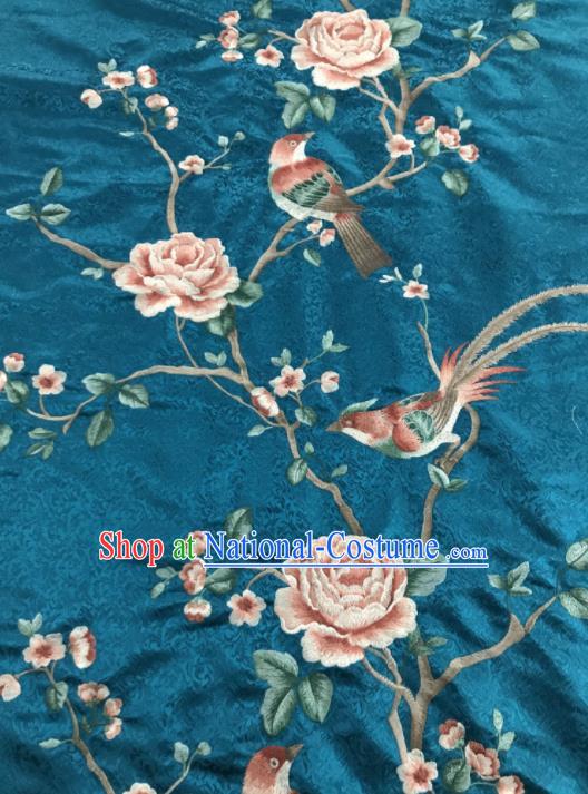 Asian Chinese Royal Embroidered Peony Birds Pattern Green Brocade Fabric Traditional Cheongsam Silk Fabric Material