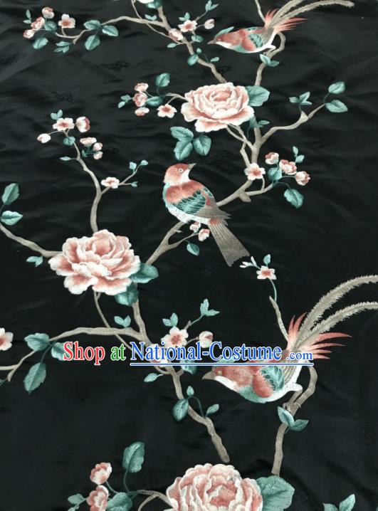 Asian Chinese Royal Embroidered Peony Birds Pattern Black Brocade Fabric Traditional Cheongsam Silk Fabric Material