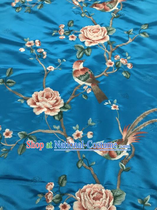 Asian Chinese Royal Embroidered Peony Birds Pattern Light Blue Brocade Fabric Traditional Cheongsam Silk Fabric Material