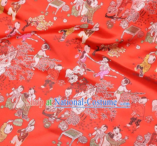 Asian Chinese Royal Hundred Children Pattern Red Brocade Fabric Traditional Silk Fabric Tang Suit Material