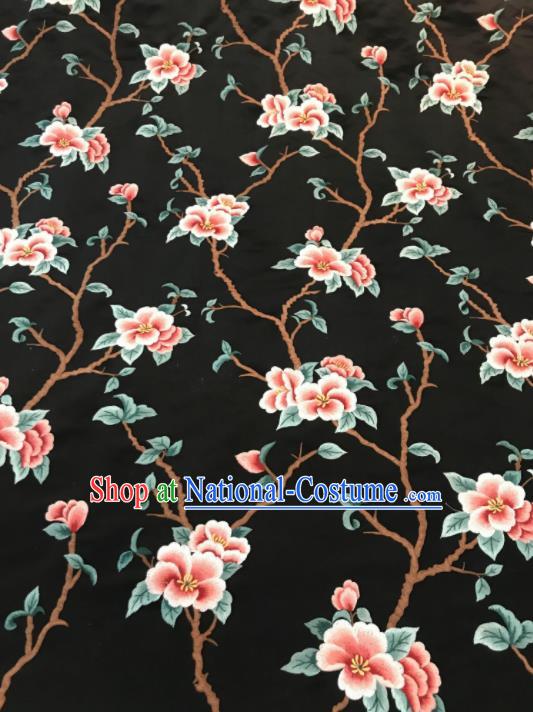 Asian Chinese Suzhou Embroidered Twine Peach Blossom Pattern Black Silk Fabric Material Traditional Cheongsam Brocade Fabric