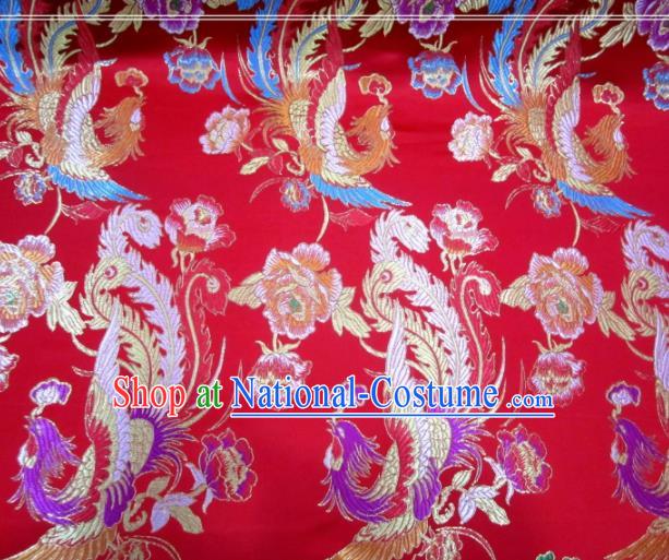 Asian Chinese Traditional Phoenix Peony Pattern Red Nanjing Brocade Fabric Tang Suit Silk Material