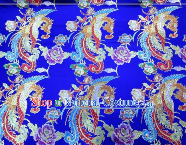 Asian Chinese Traditional Phoenix Peony Pattern Royalblue Nanjing Brocade Fabric Tang Suit Silk Material