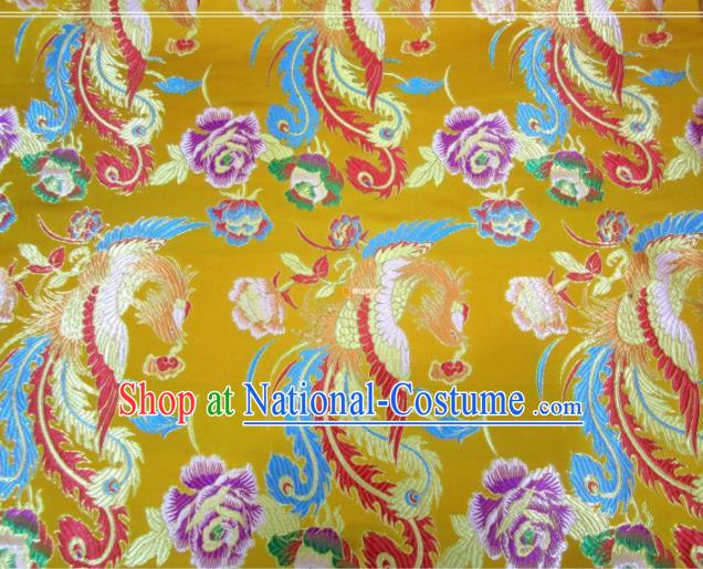 Asian Chinese Traditional Phoenix Peony Pattern Yellow Nanjing Brocade Fabric Tang Suit Silk Material