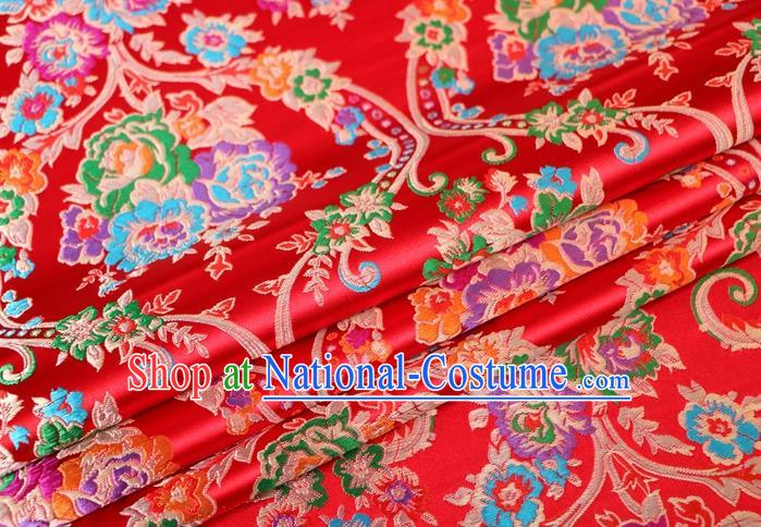 Asian Chinese Traditional Peony Pattern Red Nanjing Brocade Fabric Tang Suit Silk Material