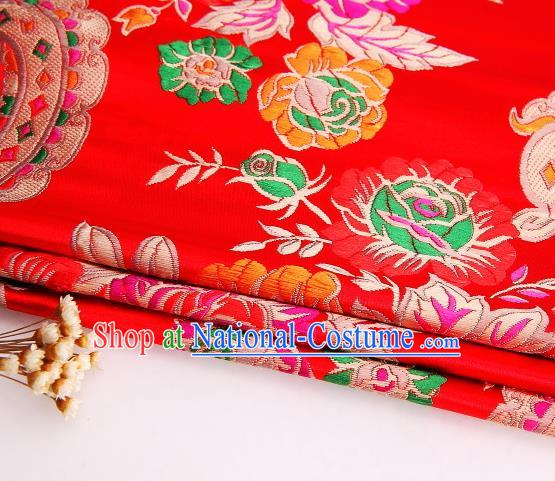 Asian Chinese Traditional Peony Flowers Pattern Red Satin Nanjing Brocade Fabric Tang Suit Silk Material