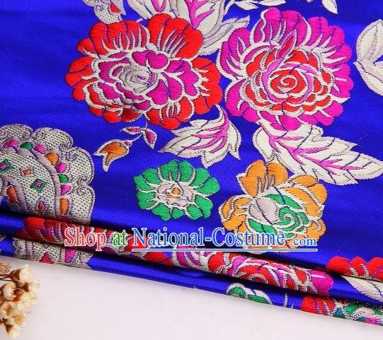 Asian Chinese Traditional Peony Flowers Pattern Royalblue Satin Nanjing Brocade Fabric Tang Suit Silk Material