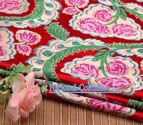 Asian Chinese Traditional Red Satin Peony Pattern Nanjing Brocade Fabric Tang Suit Silk Material