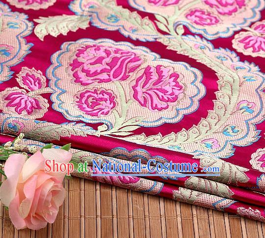 Asian Chinese Traditional Rosy Satin Peony Pattern Nanjing Brocade Fabric Tang Suit Silk Material