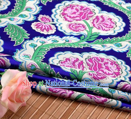 Asian Chinese Traditional Royalblue Satin Peony Pattern Nanjing Brocade Fabric Tang Suit Silk Material