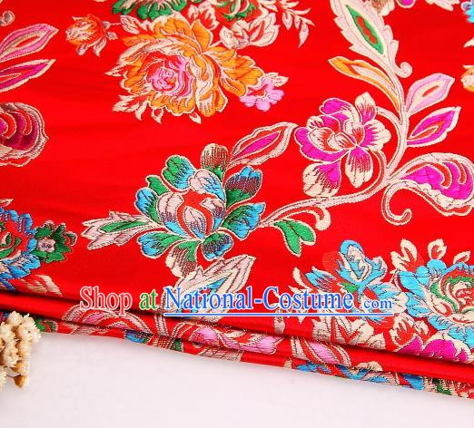 Asian Chinese Traditional Satin Royal Peony Pattern Red Nanjing Brocade Fabric Tang Suit Silk Material