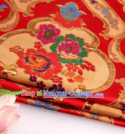 Asian Chinese Traditional Royal Peony Pattern Red Satin Nanjing Brocade Fabric Tang Suit Silk Material