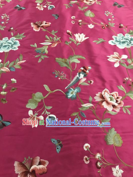 Asian Chinese Suzhou Embroidered Peony Birds Pattern Rosy Silk Fabric Material Traditional Cheongsam Brocade Fabric