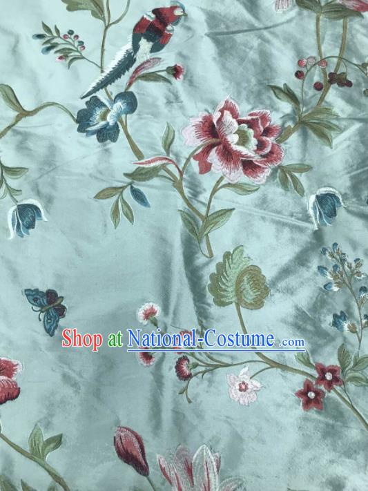 Asian Chinese Suzhou Embroidered Peony Birds Pattern Blue Silk Fabric Material Traditional Cheongsam Brocade Fabric