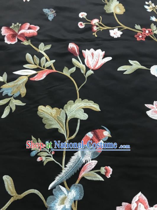 Asian Chinese Suzhou Embroidered Flowers Birds Pattern Black Silk Fabric Material Traditional Cheongsam Brocade Fabric