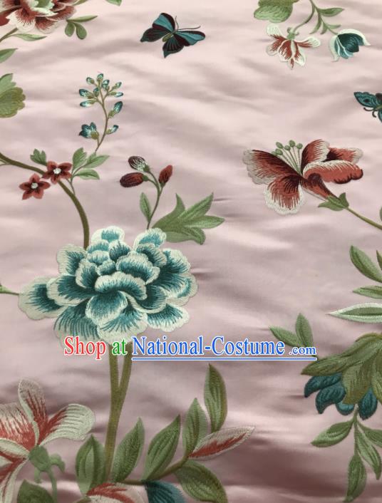 Asian Chinese Suzhou Embroidered Flowers Birds Pattern Pink Silk Fabric Material Traditional Cheongsam Brocade Fabric