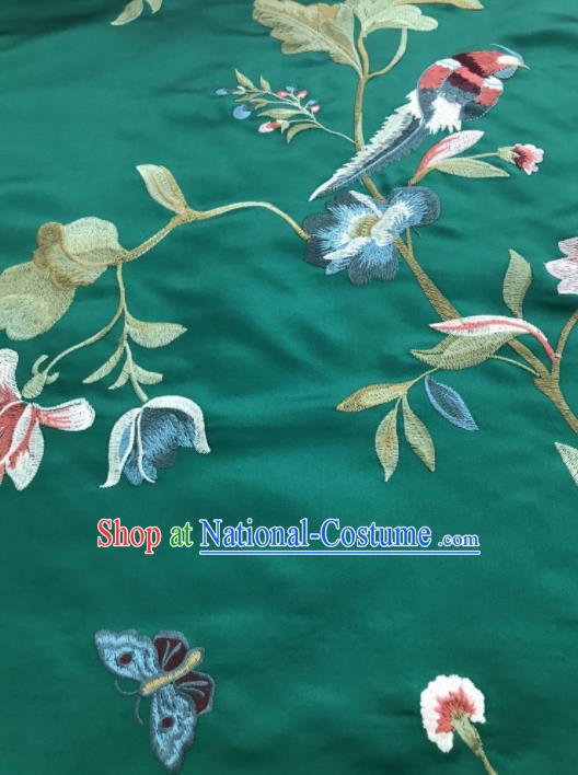 Asian Chinese Suzhou Embroidered Flowers Birds Pattern Green Silk Fabric Material Traditional Cheongsam Brocade Fabric