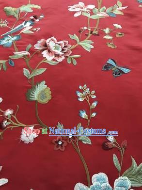 Asian Chinese Suzhou Embroidered Flowers Birds Pattern Red Silk Fabric Material Traditional Cheongsam Brocade Fabric