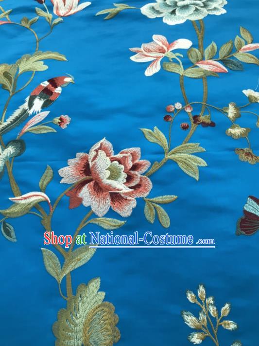 Asian Chinese Suzhou Embroidered Flowers Birds Pattern Blue Silk Fabric Material Traditional Cheongsam Brocade Fabric