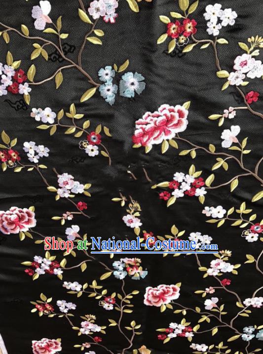 Asian Chinese Suzhou Embroidered Flowers Pattern Black Silk Fabric Material Traditional Cheongsam Brocade Fabric