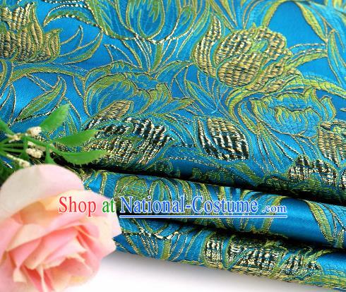 Asian Chinese Traditional Royal Tulip Pattern Blue Satin Nanjing Brocade Fabric Tang Suit Silk Material