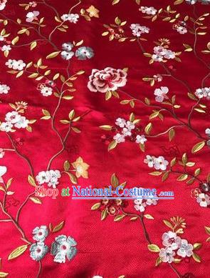 Asian Chinese Suzhou Embroidered Flowers Pattern Red Silk Fabric Material Traditional Cheongsam Brocade Fabric