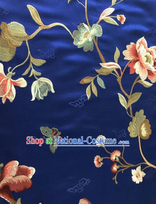 Asian Chinese Suzhou Embroidered Twine Peony Pattern Royalblue Silk Fabric Material Traditional Cheongsam Brocade Fabric