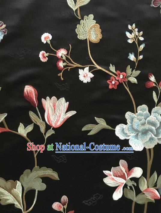 Asian Chinese Suzhou Embroidered Twine Peony Pattern Black Silk Fabric Material Traditional Cheongsam Brocade Fabric