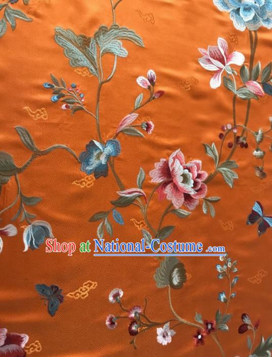 Asian Chinese Suzhou Embroidered Twine Peony Pattern Orange Silk Fabric Material Traditional Cheongsam Brocade Fabric