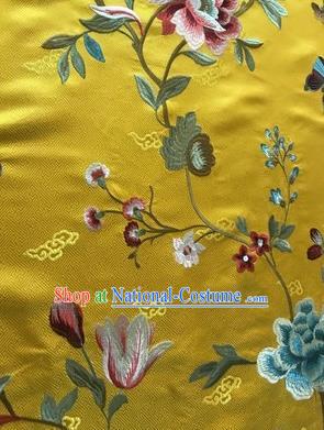 Asian Chinese Suzhou Embroidered Twine Peony Pattern Yellow Silk Fabric Material Traditional Cheongsam Brocade Fabric