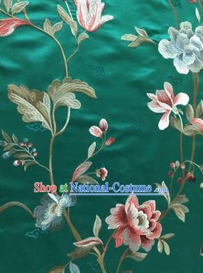 Asian Chinese Suzhou Embroidered Twine Peony Pattern Green Silk Fabric Material Traditional Cheongsam Brocade Fabric