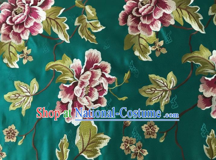 Asian Chinese Traditional Cheongsam Green Brocade Fabric Suzhou Embroidered Peony Pattern Silk Fabric Material