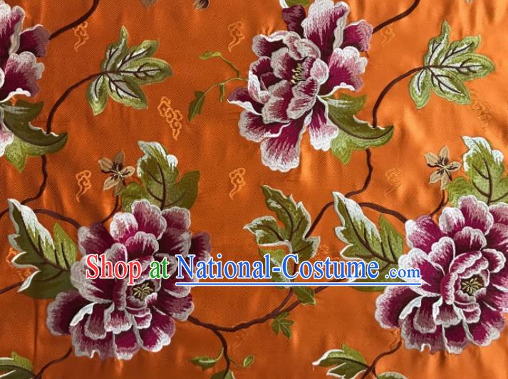 Asian Chinese Traditional Cheongsam Orange Brocade Fabric Suzhou Embroidered Peony Pattern Silk Fabric Material