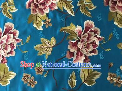 Asian Chinese Traditional Cheongsam Blue Brocade Fabric Suzhou Embroidered Peony Pattern Silk Fabric Material