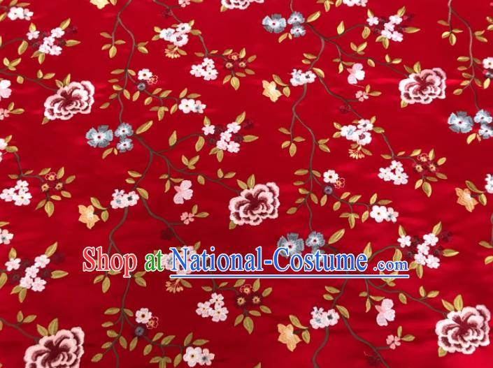 Asian Chinese Traditional Cheongsam Embroidered Flowers Pattern Red Brocade Fabric Suzhou Silk Fabric Material